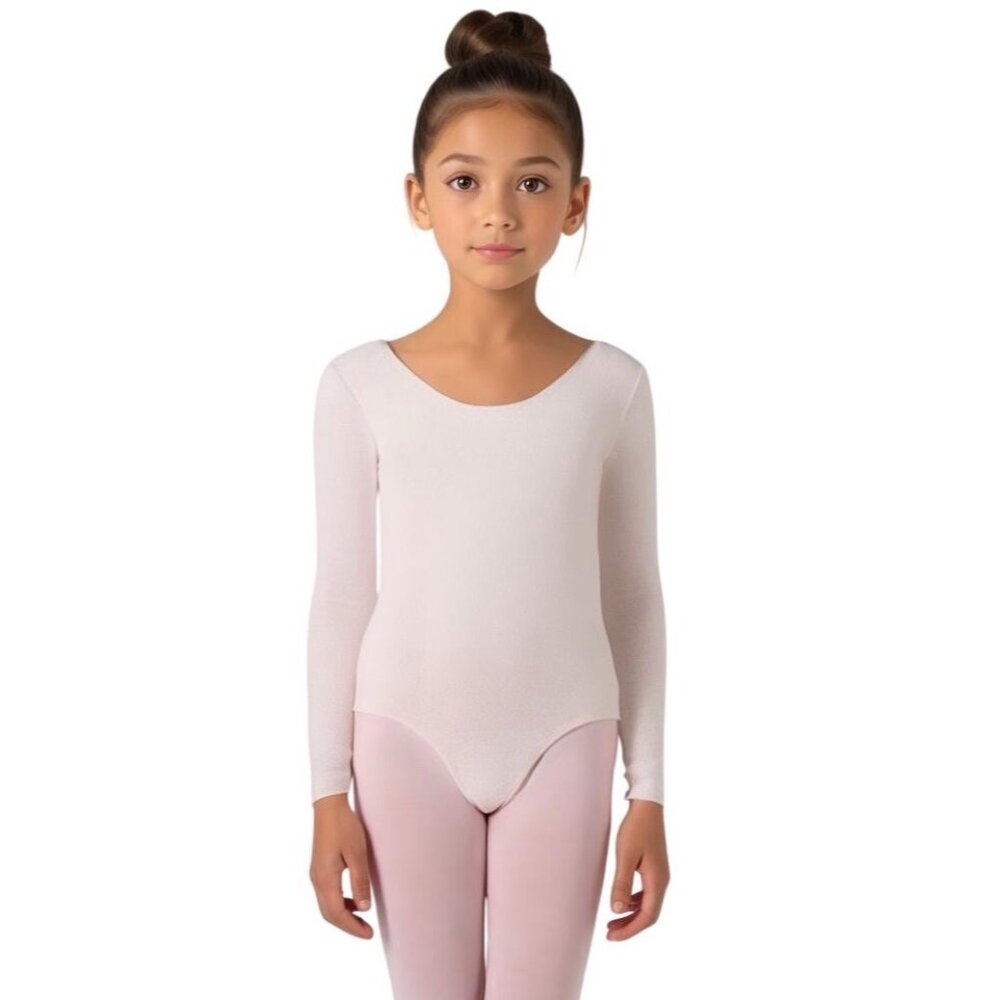 Kids Scoop Neck Long Sleeve Leotard Bodysuit Theatrical Pink Size L Class Stage